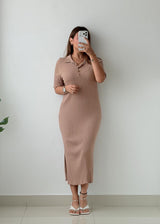 Size M-L Beige Ribbed Polo Knit Maxi Dress