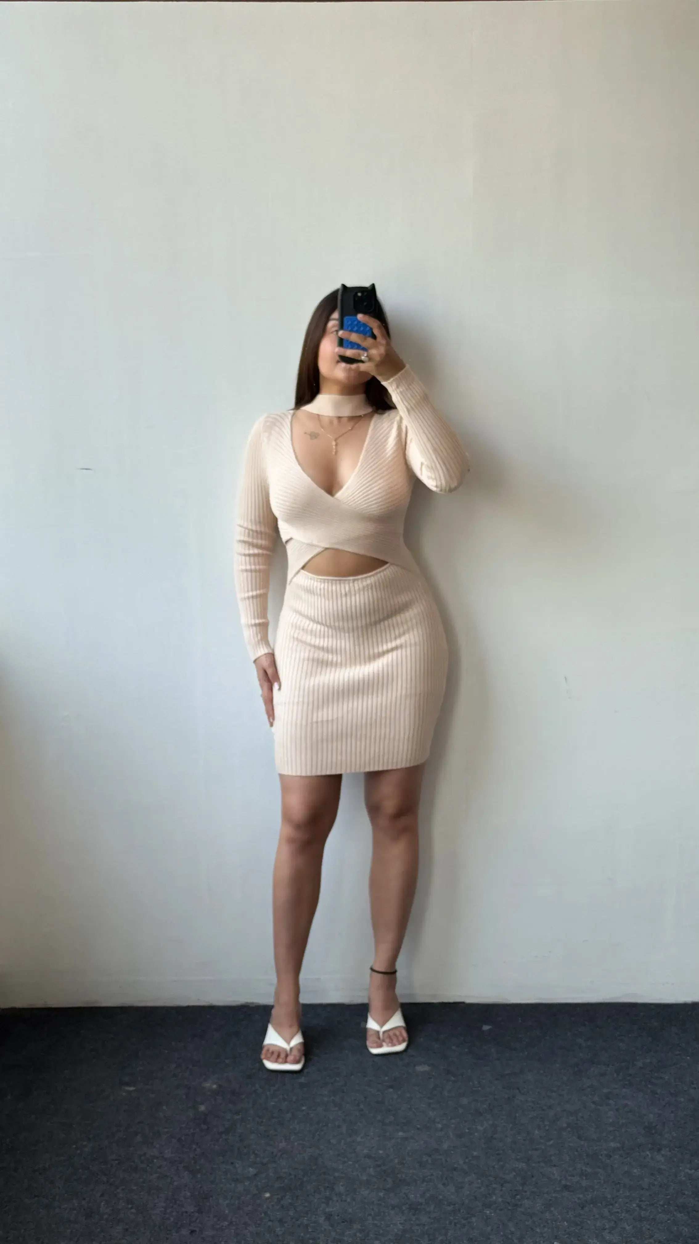 Size XS-S, Beige Wrap Style Cut-Out Mini Dress