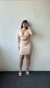 Size XS-S, Beige Wrap Style Cut-Out Mini Dress