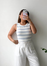 Size L, Grey & White Striped Sleeveless Bodysuit