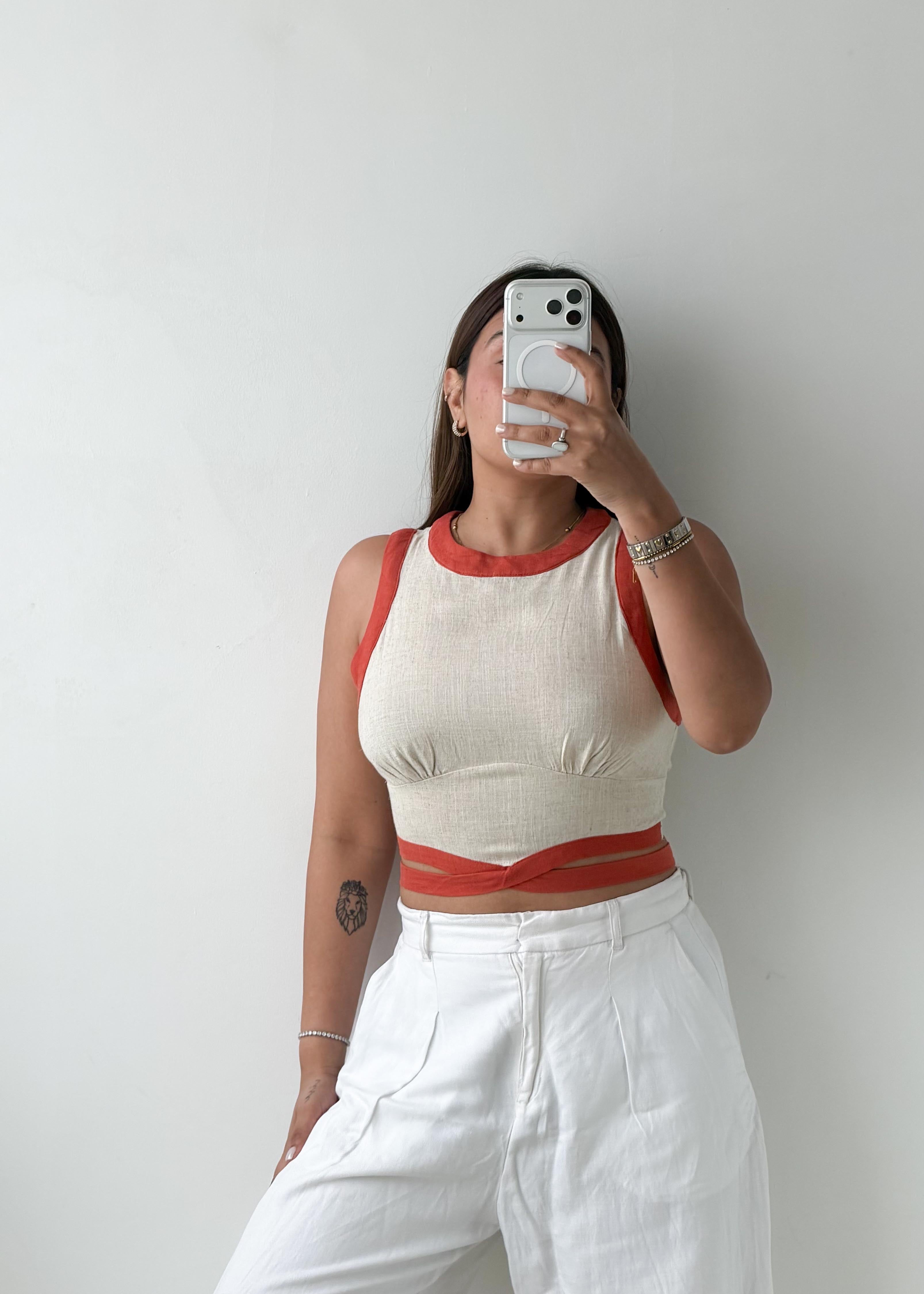 Size S Beige & Rust Wrap Crop Top