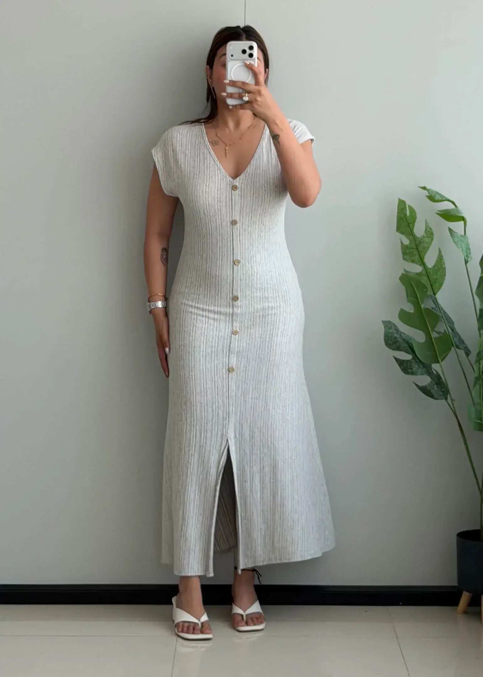 SIZE S-M, Light Grey Button Front Ribbed Midi Dress - Closet by Payal