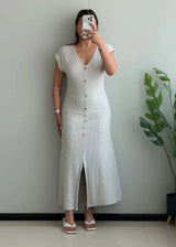 SIZE S-M, Light Grey Button Front Ribbed Midi Dress - Closet by Payal