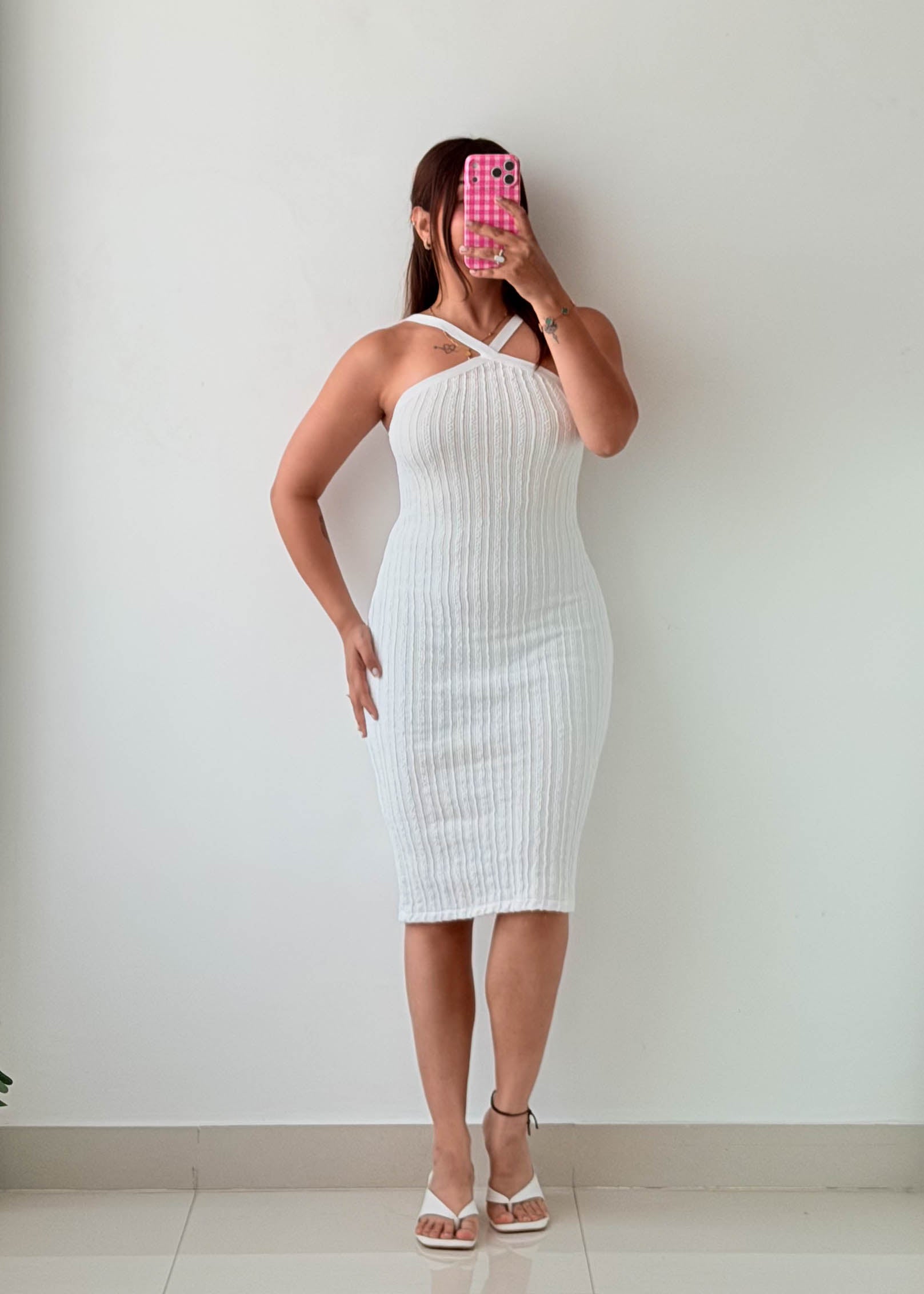 Size S-M White Ribbed Cross-Neck Midi Dress
