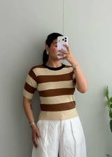 Size M-L, Brown Stripe Short Sleeve Top - Closet by Payal