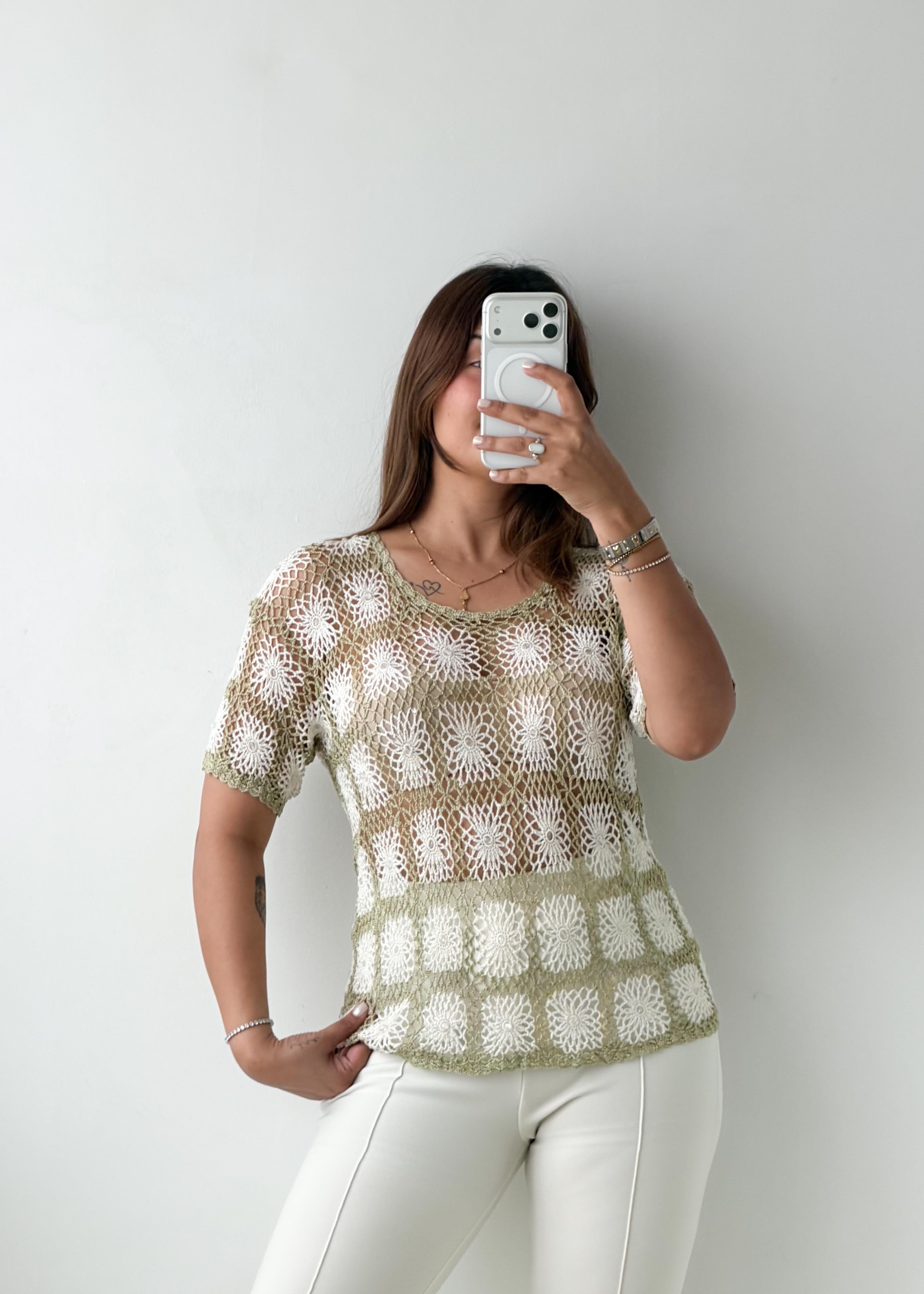 Size S-M sage Floral Crochet Knit Top