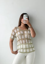 Size S-M sage Floral Crochet Knit Top
