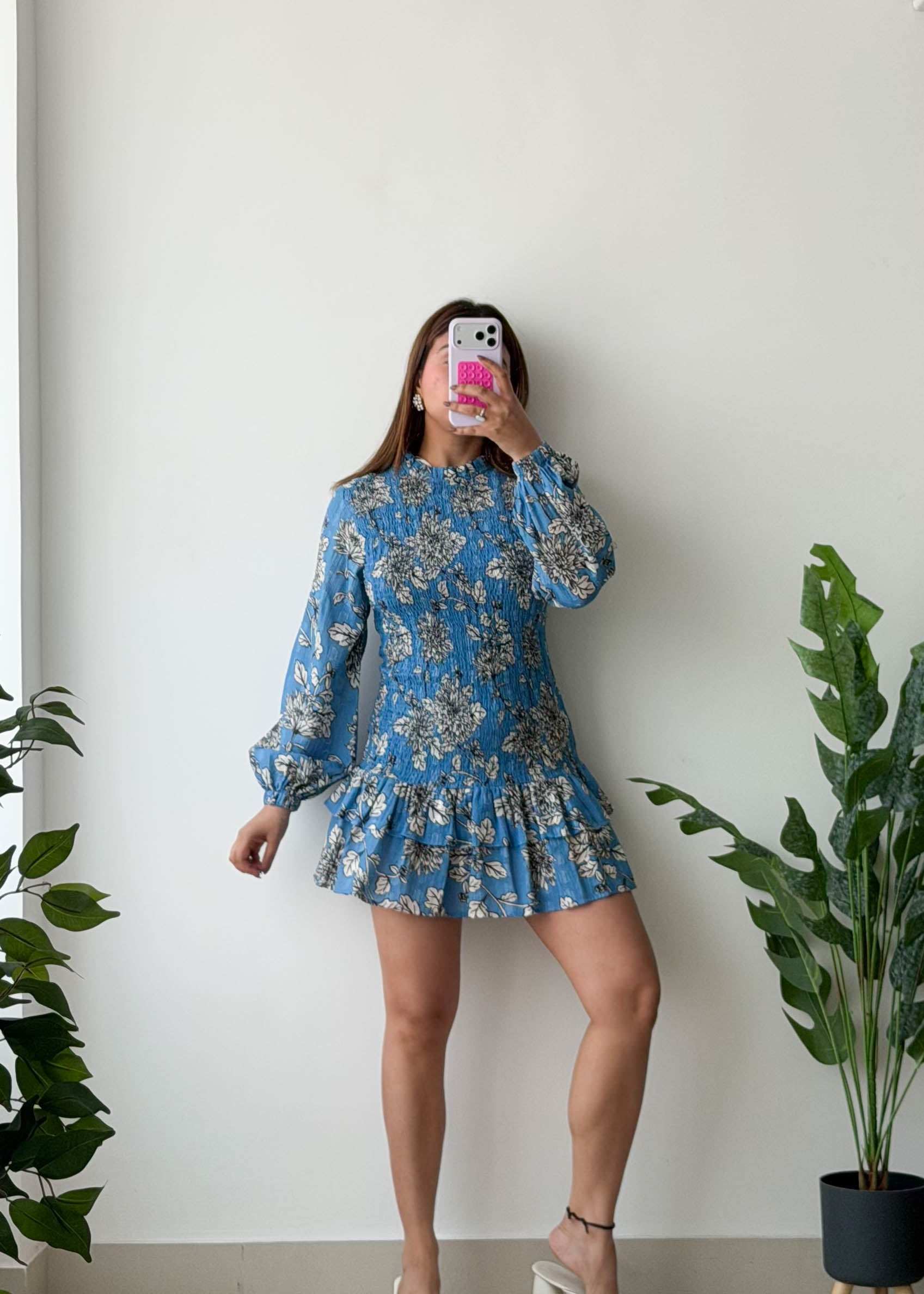 Size S-M, Blue Floral High Neck Mini Dress