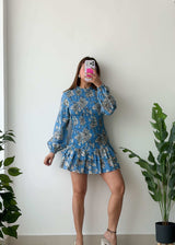Size S-M, Blue Floral High Neck Mini Dress
