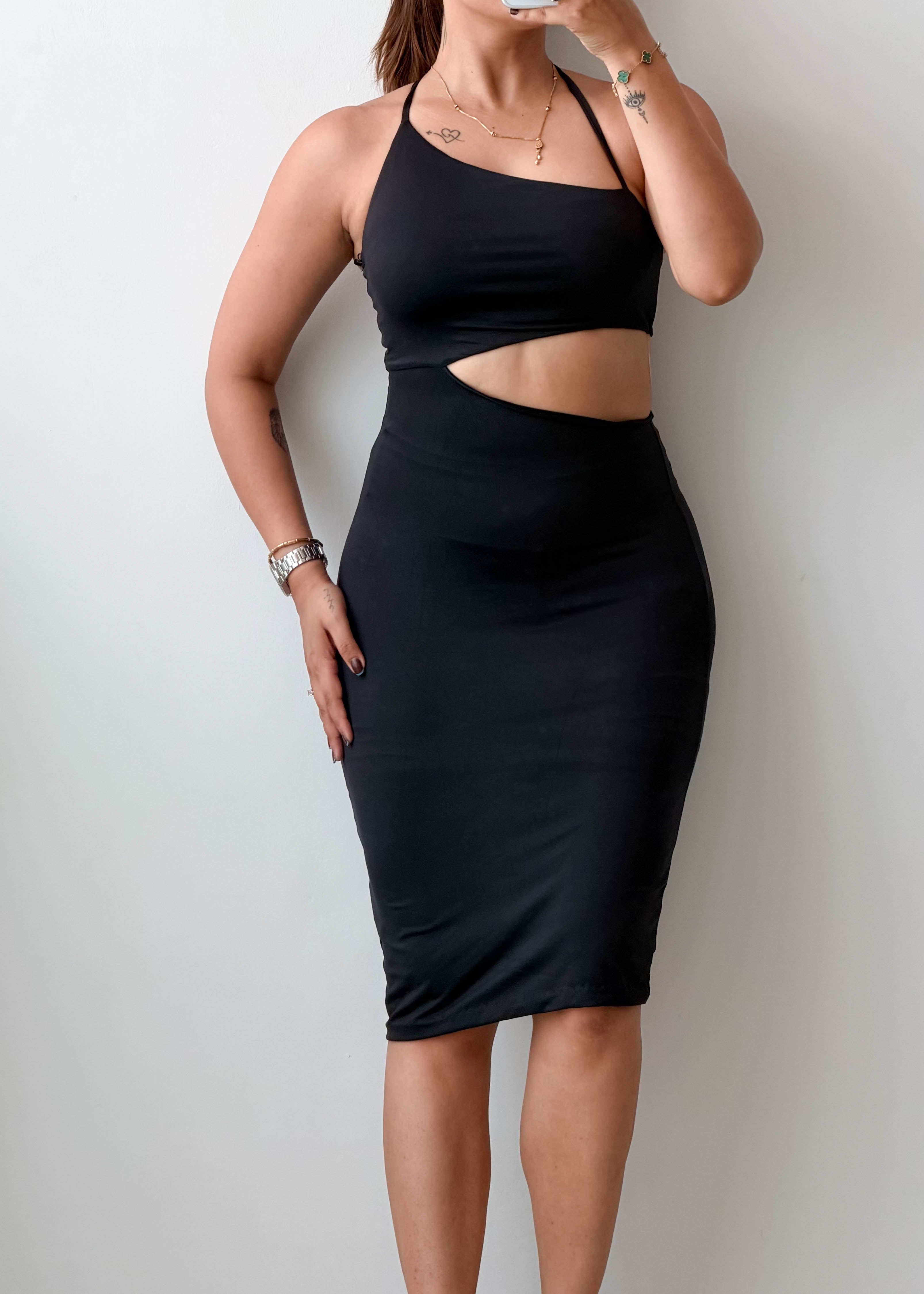 Size XS-S Black One-Shoulder Cut-Out Midi Dress