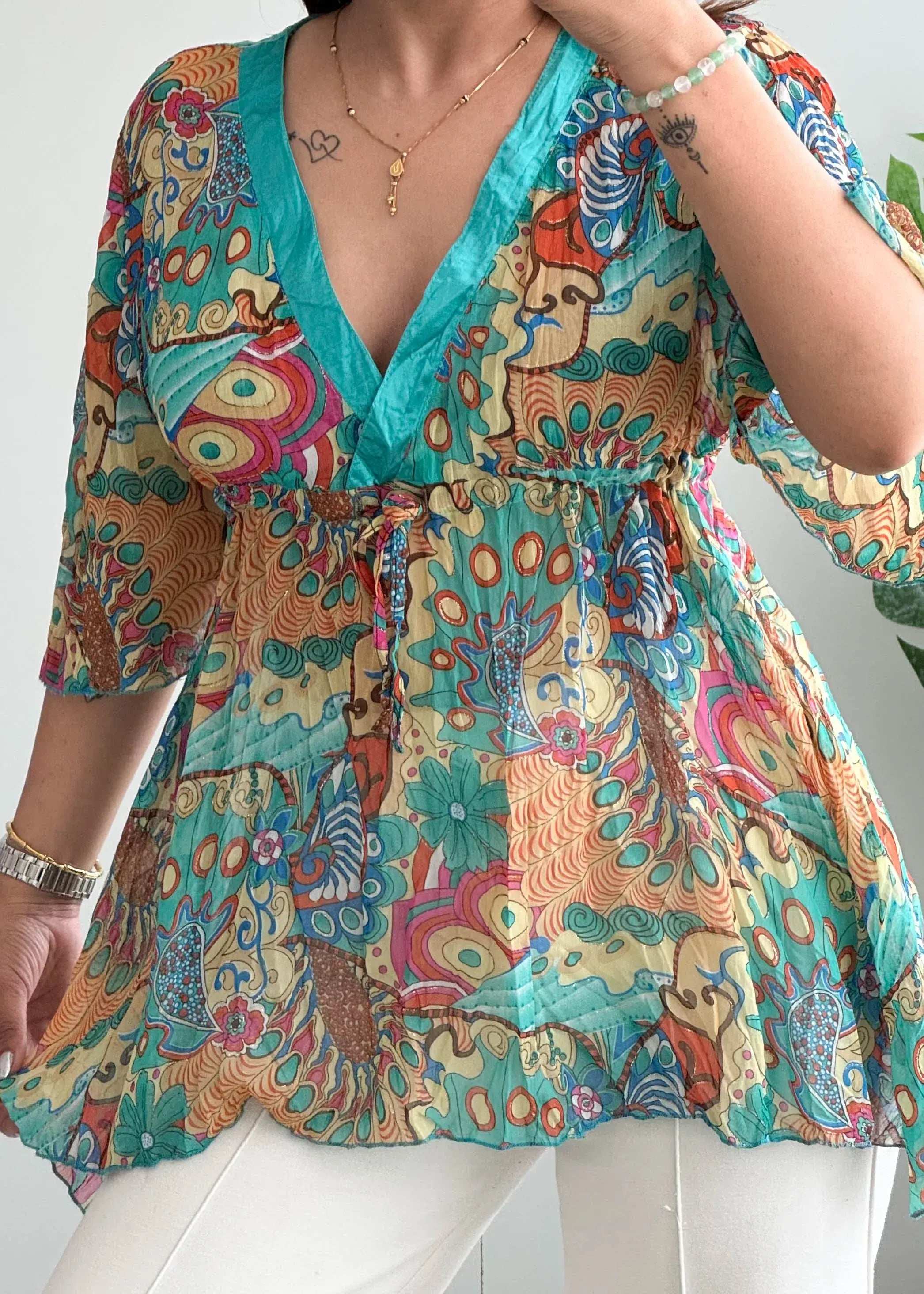 Size M-L, Multicolor Boho Print Tie-Waist Peplum Top - Closet by Payal