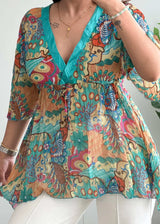 Size M-L, Multicolor Boho Print Tie-Waist Peplum Top - Closet by Payal