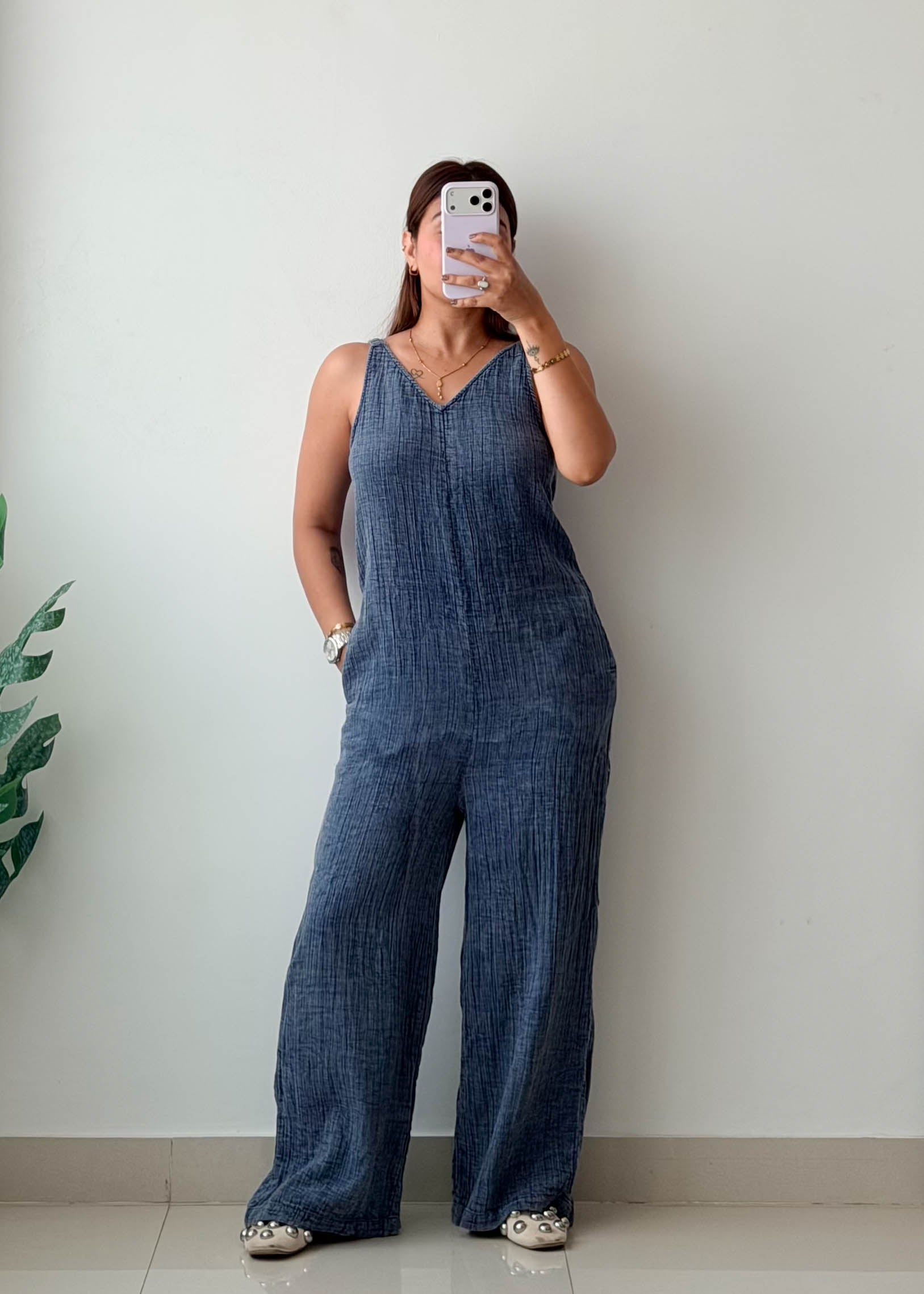 Size M Blue Chambray Wide-Leg Jumpsuit