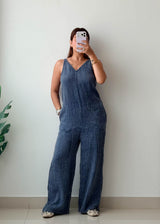 Size M Blue Chambray Wide-Leg Jumpsuit