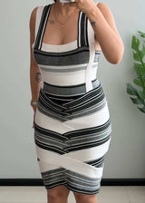 SIZE S-M, Black & White Geometric Stripe Bodycon Midi Dress - Closet by Payal