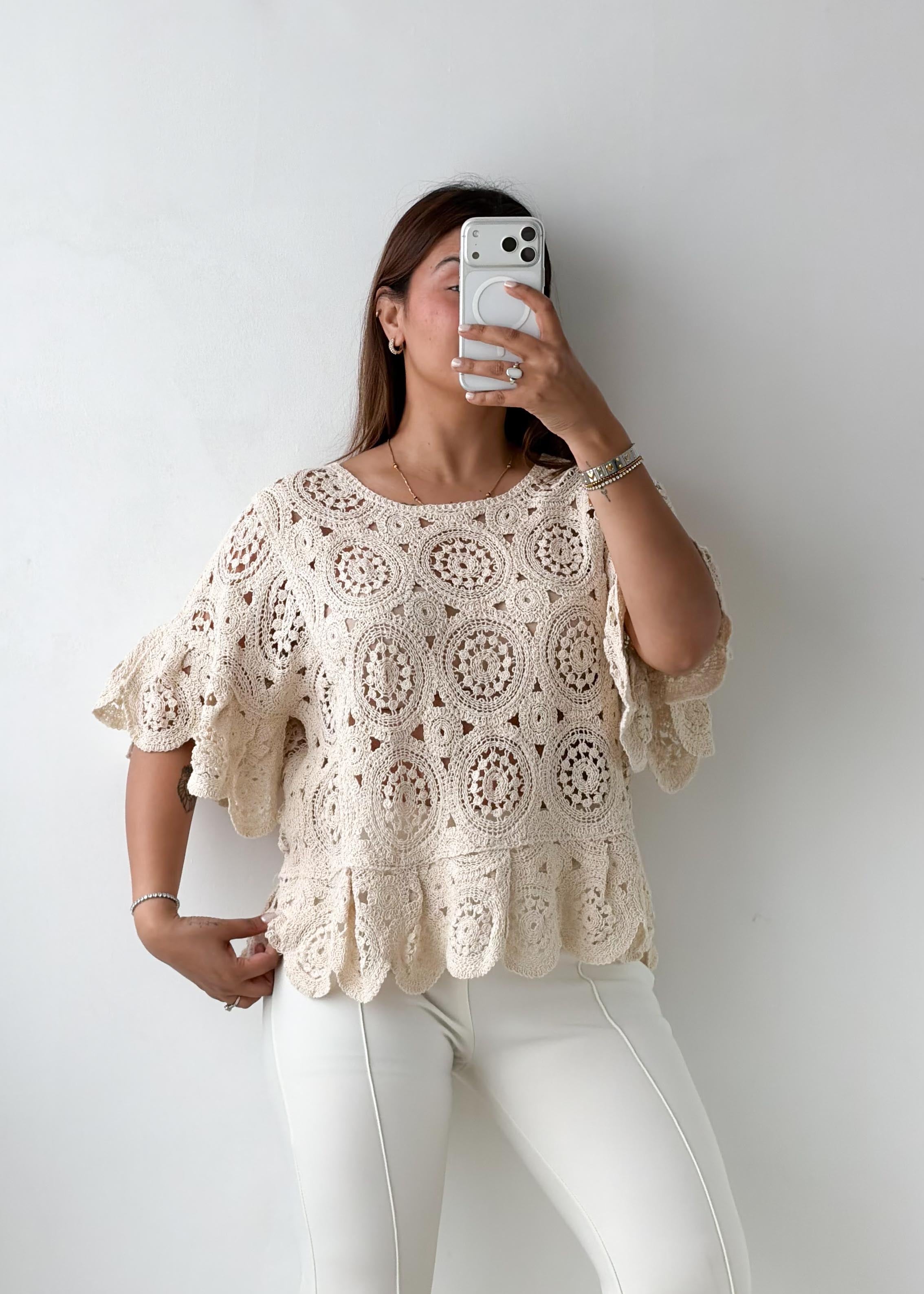 Size M-L Cream Crochet Peplum Top