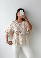 Size M-L Cream Crochet Peplum Top