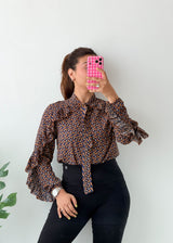 Size S-M Brown Printed Tie-Neck Blouse