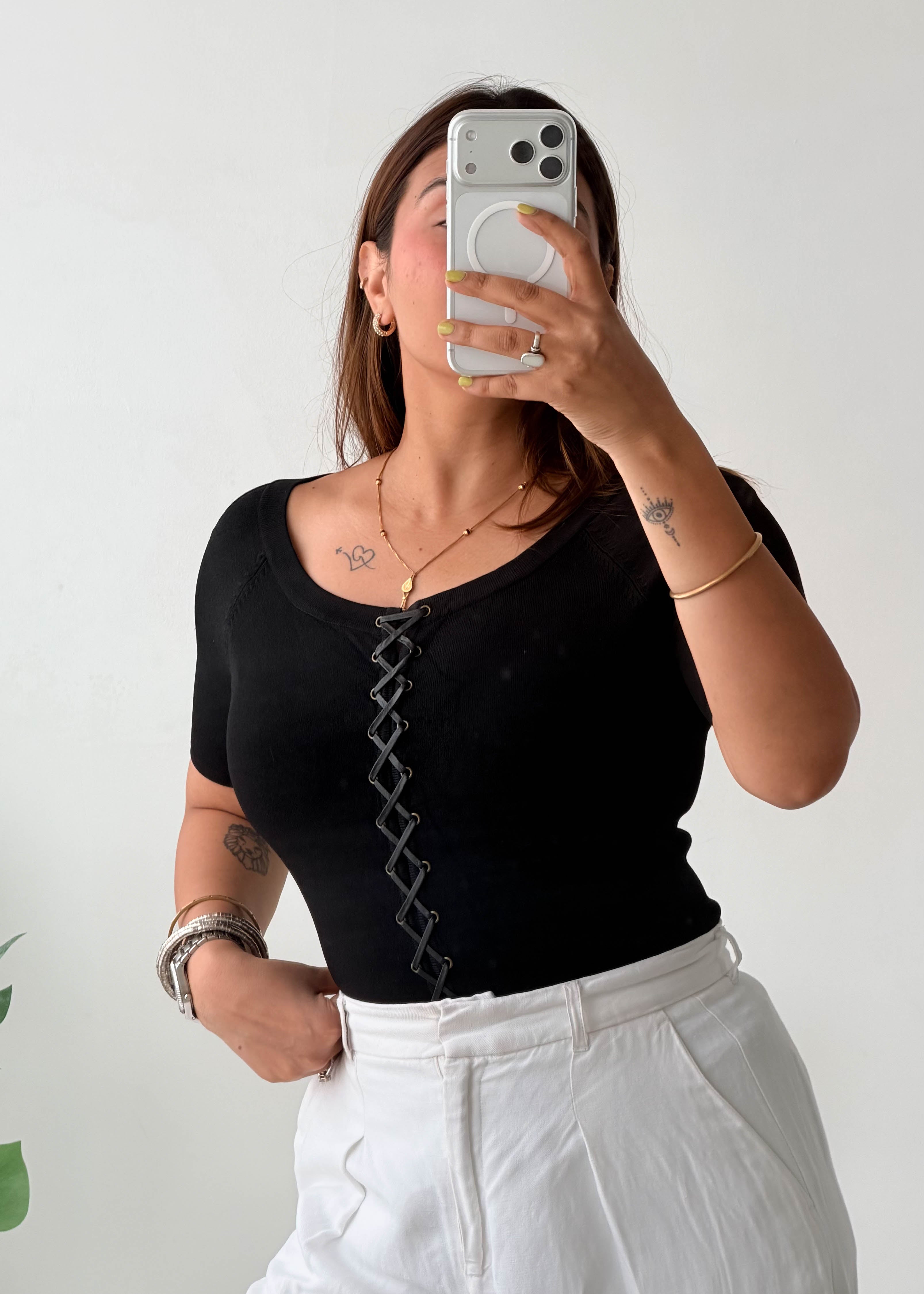 Size S-M Black Lace-Up Ribbed Top
