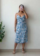 M-L Blue White Printed Midi Dress