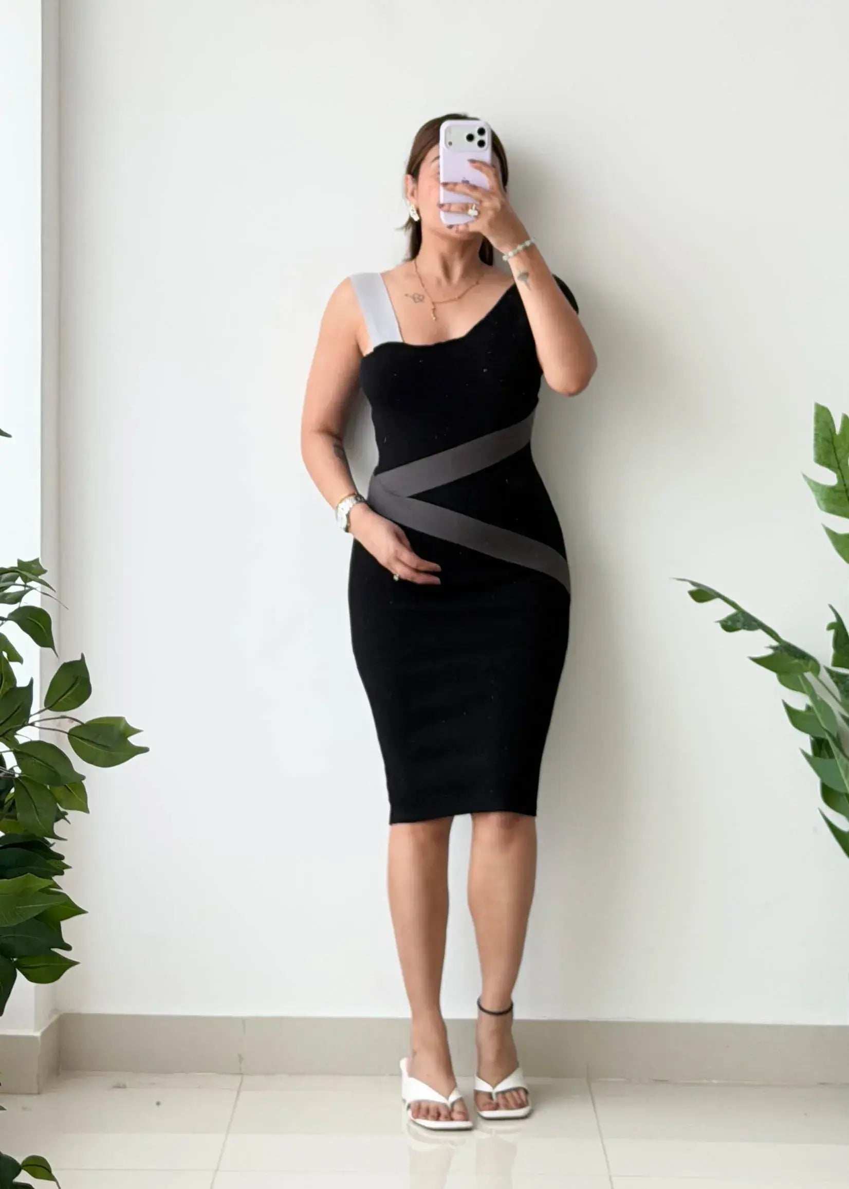 Size S-M, Black Contrast Strap Bodycon Midi Dress - Closet by Payal