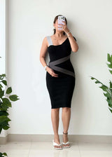 Size S-M, Black Contrast Strap Bodycon Midi Dress - Closet by Payal