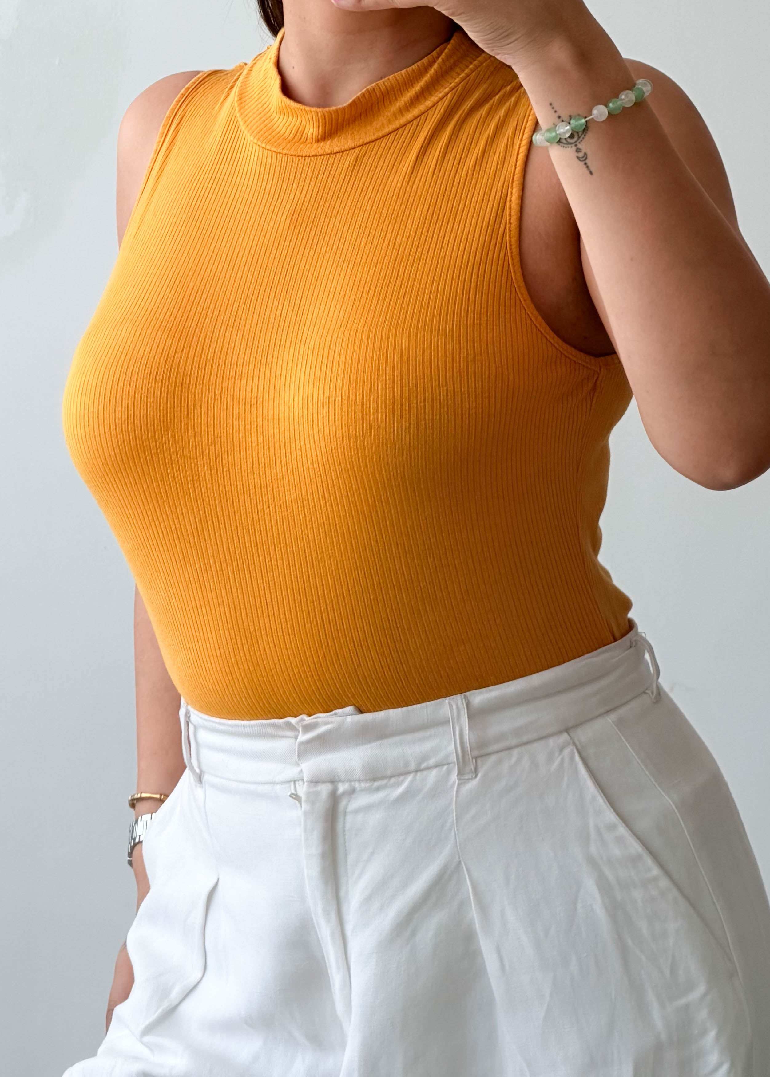 Size L-XL Mustard Ribbed High Neck Bodysuit