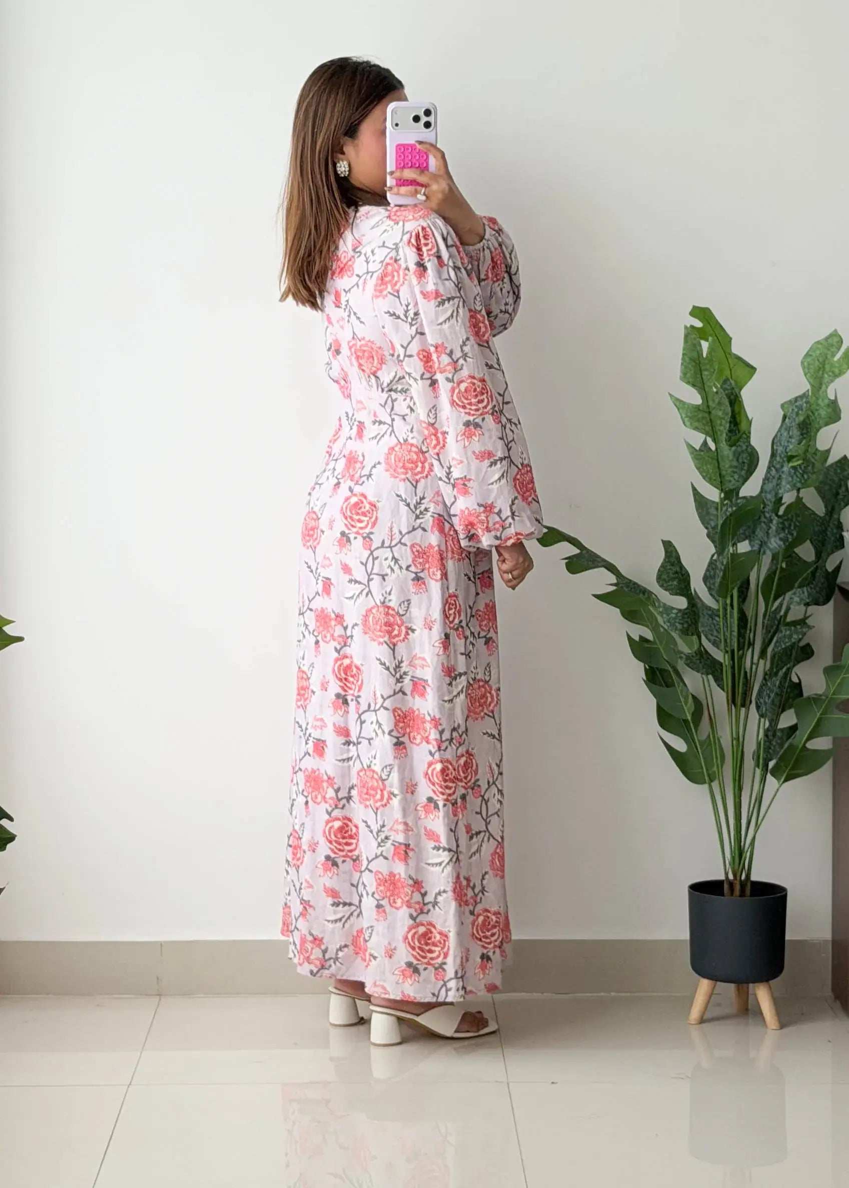 Size S-M, White & Pink Floral Maxi Dress