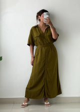 Size L-XL Olive Green Shirt Maxi Dress