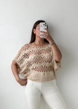 Size S-M Beige Open Knit Crochet Poncho Top
