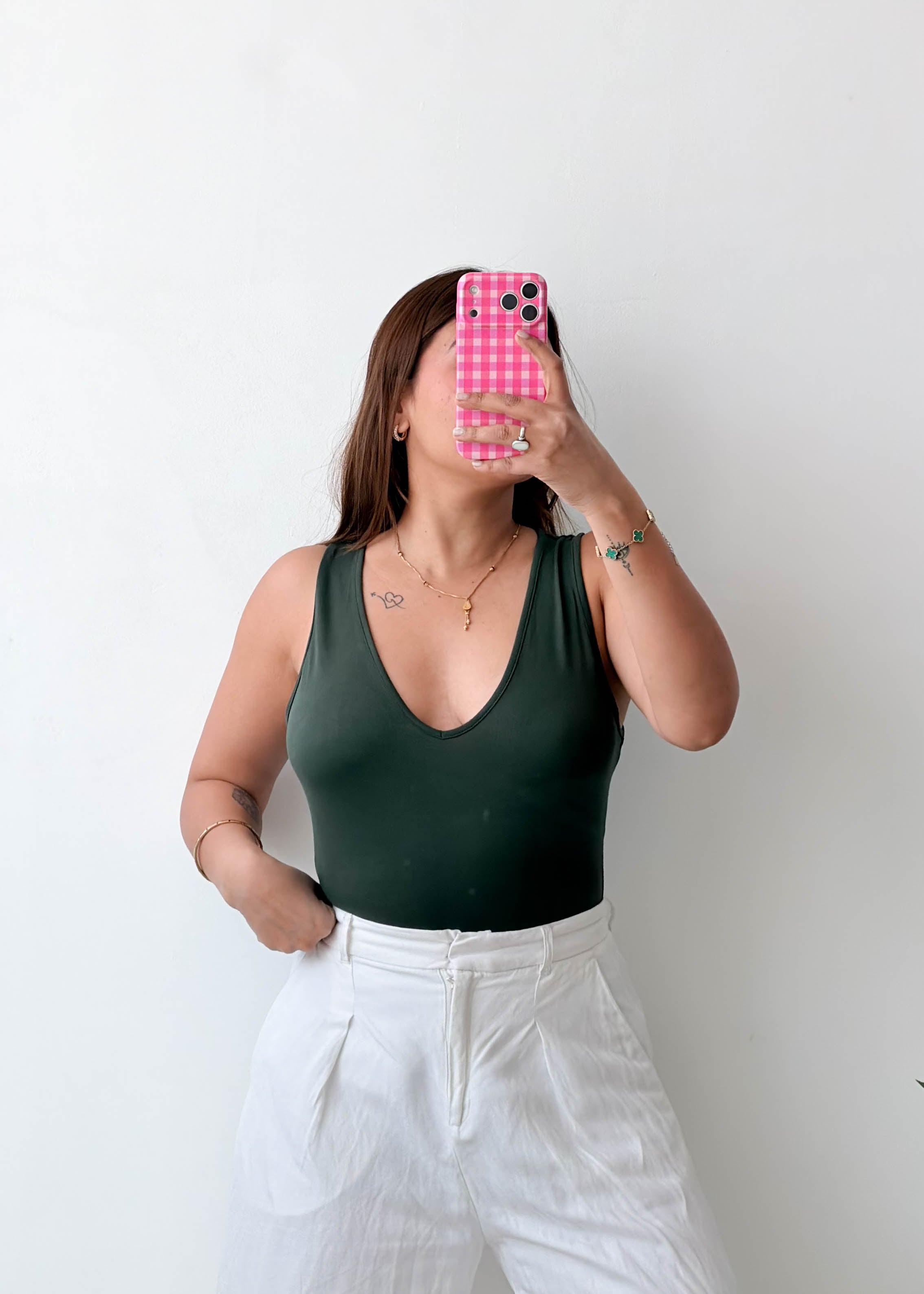 Size M-L Forest Green Deep V-Neck Bodysuit