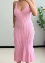 SIZE S-M, Pink Ribbed Button Front Midi Dress - Closet by Payal