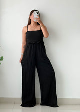 Size S-M Black Textured Wide-Leg Jumpsuit