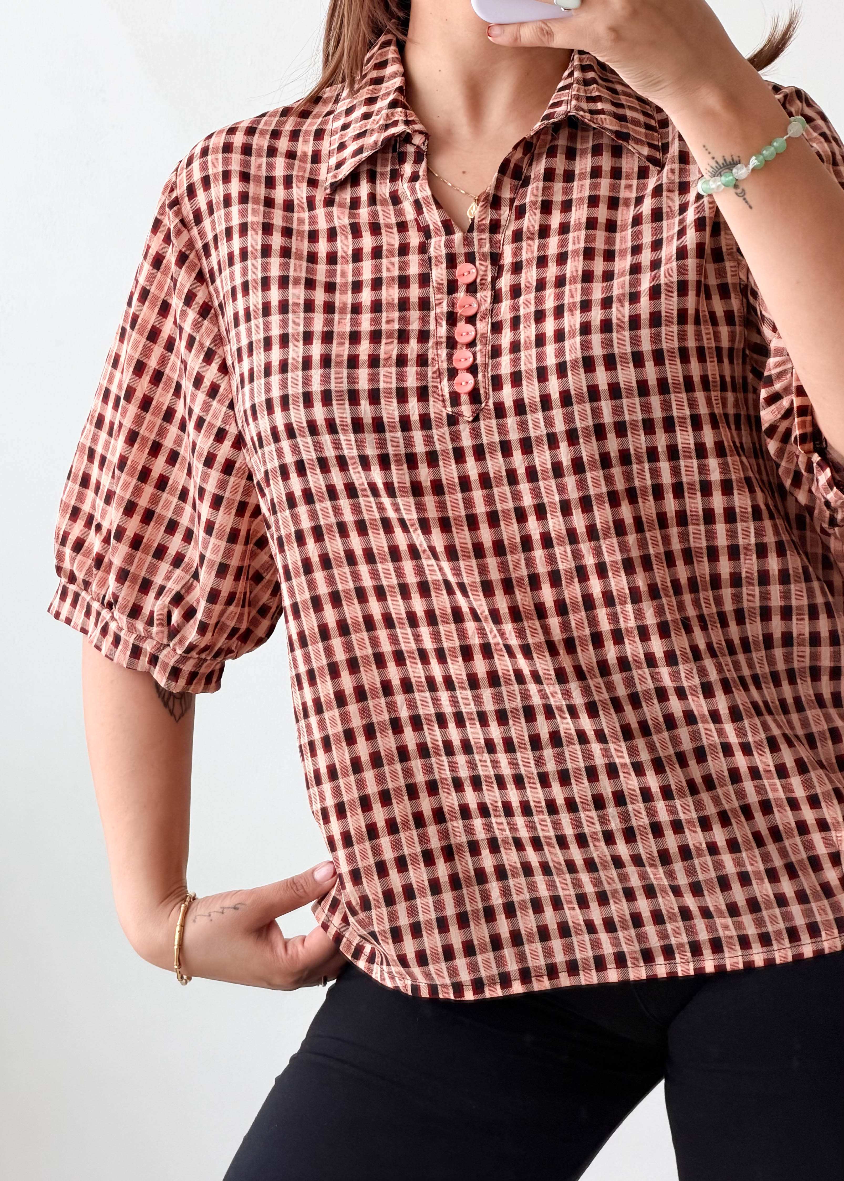 M-L Brown Checkered Oversized Shirt
