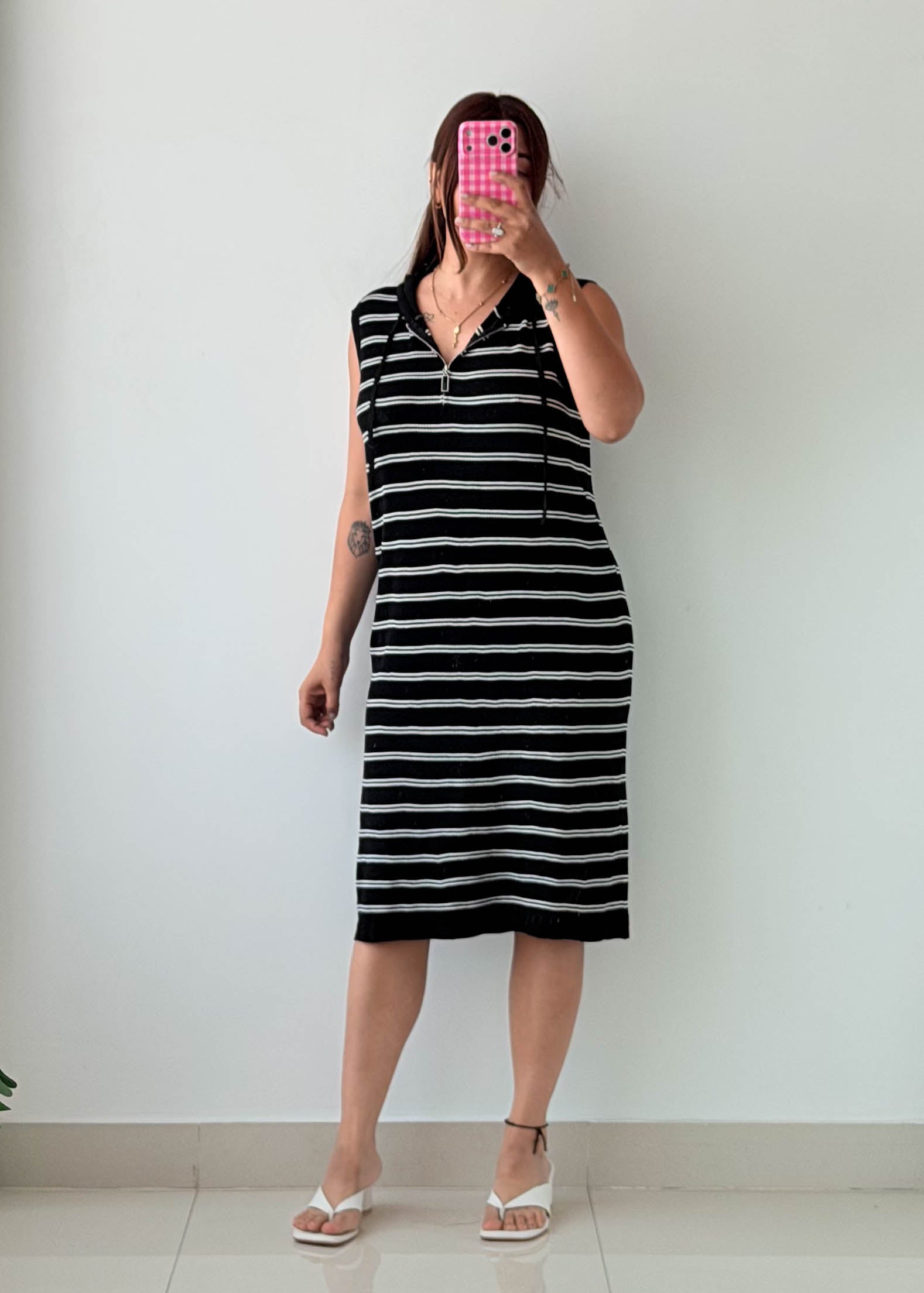 Size M-L Black & White Striped Hooded Dress