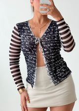 Size XS-S Black Mixed Print Sheer Tie-Front Mesh Top