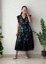 Size M, Black Floral Fit & Flare Midi Dress