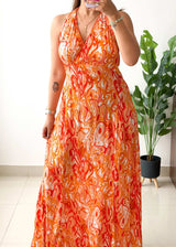 Size M-L, Orange Abstract Halter Maxi Dress