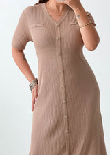 Size L-XL Beige Ribbed Button Knit Midi Dress