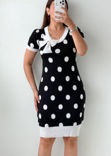 Size M-L Black & White Polka Dot Bow Mini Dress