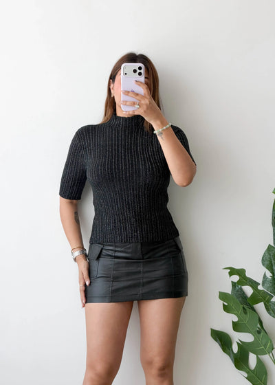 Size S-M, Black Ribbed High Neck Top