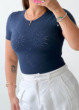 Size XS Navy Textured Crew Neck Bodysuit