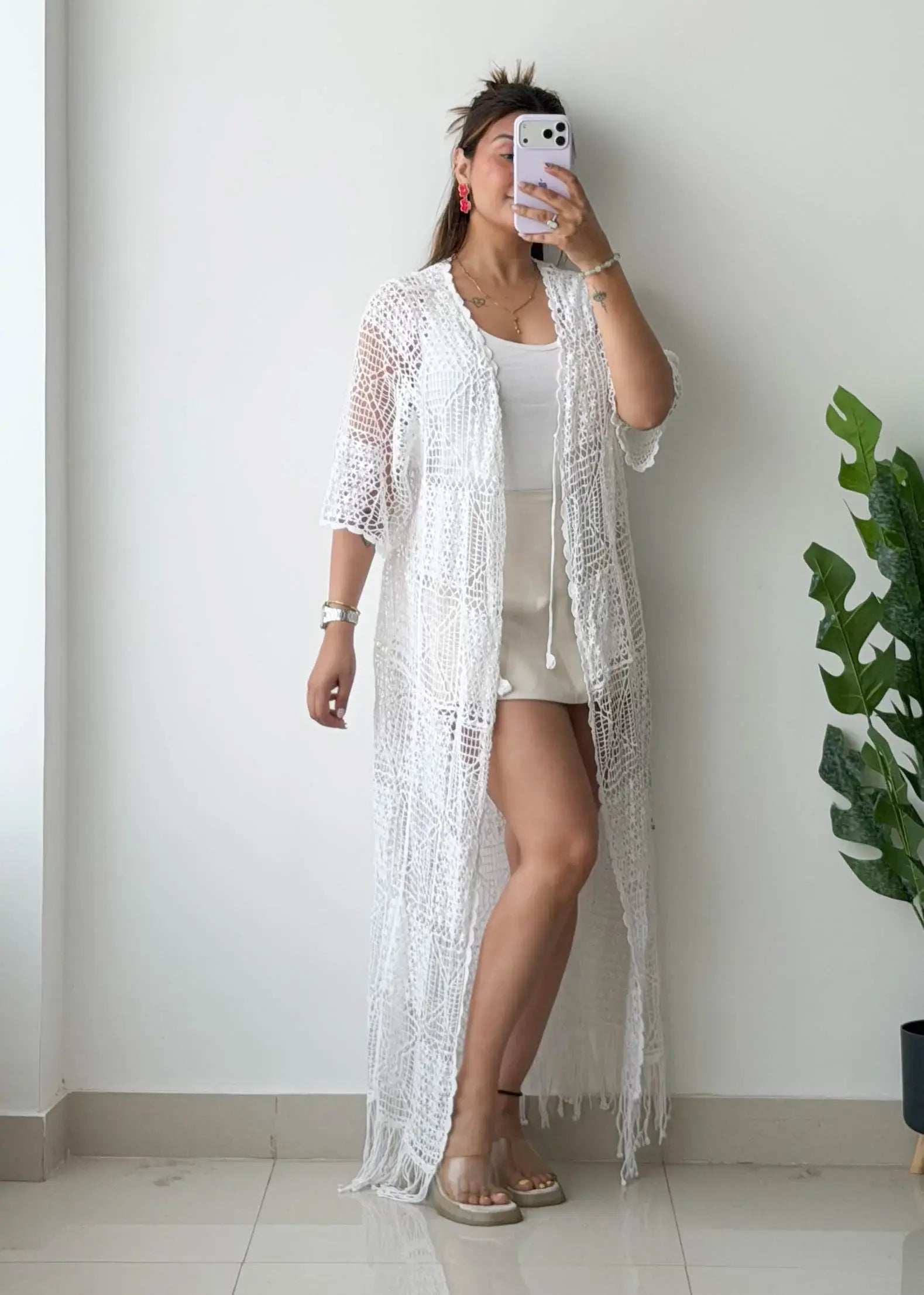 Size L-XL, White Crochet Cover-Up Dress