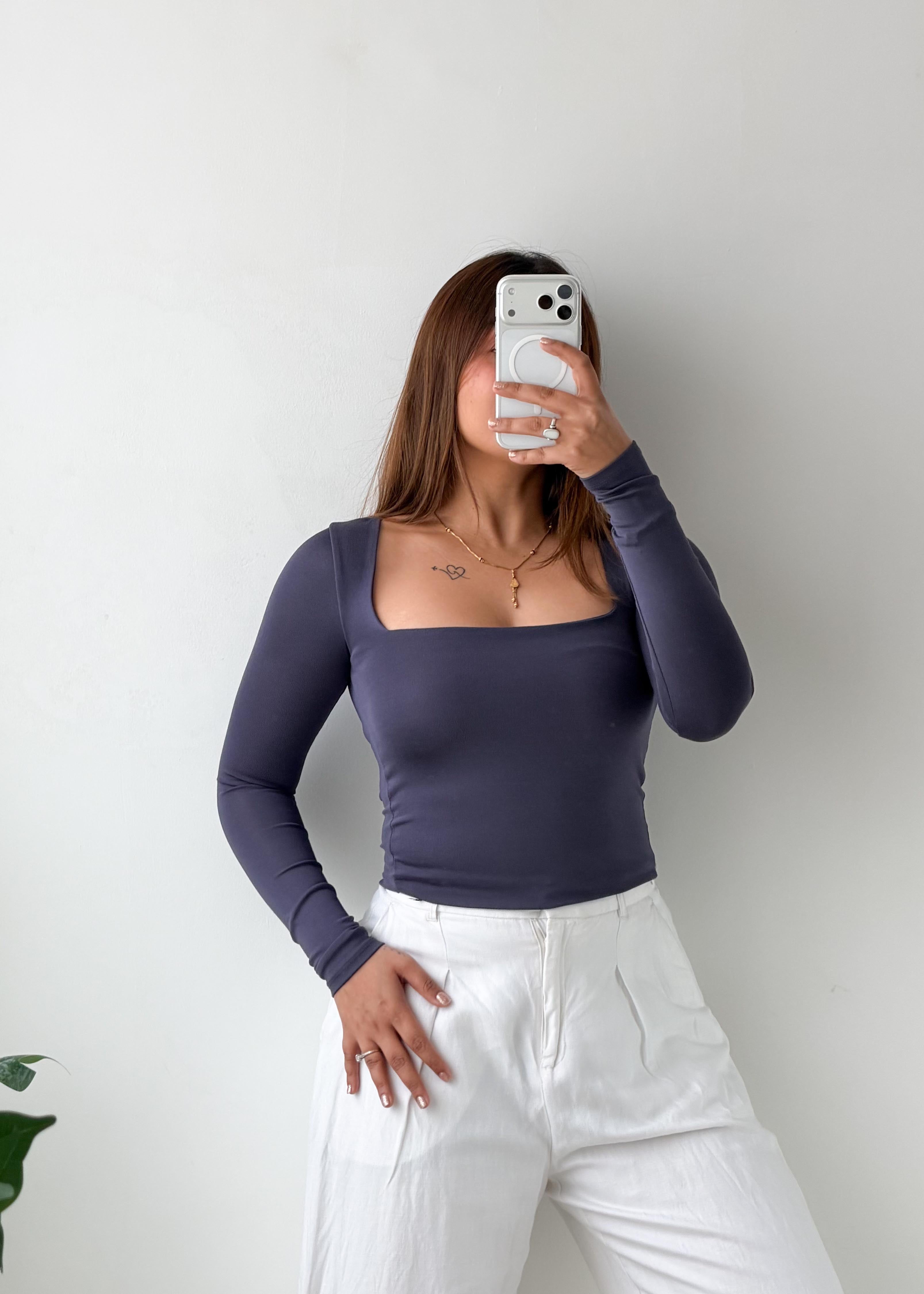 Size XS-S Slate Blue Square Neck Long Sleeve Top
