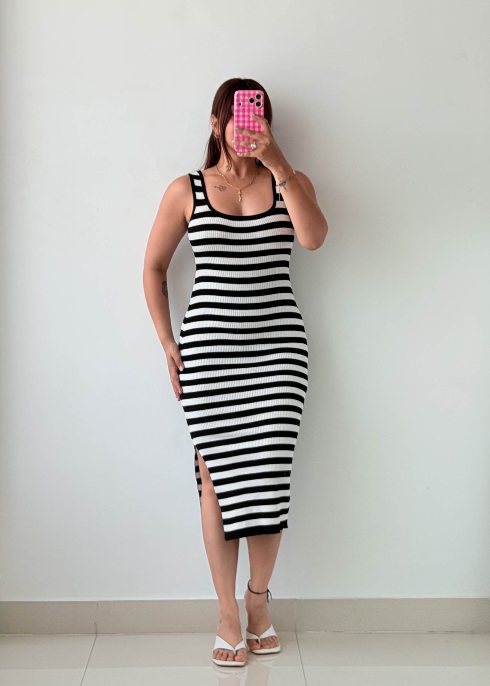 Size S-M Black & White Striped Midi Dress