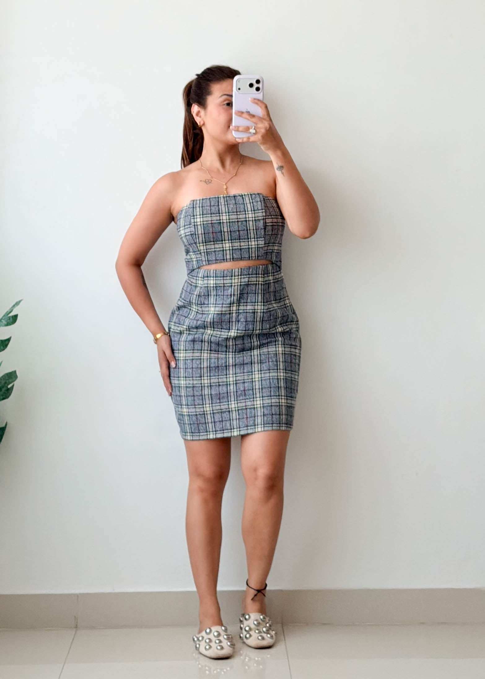 Size M Grey Plaid Cut-Out Mini Dress