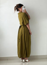 Size L-XL Olive Green Shirt Maxi Dress