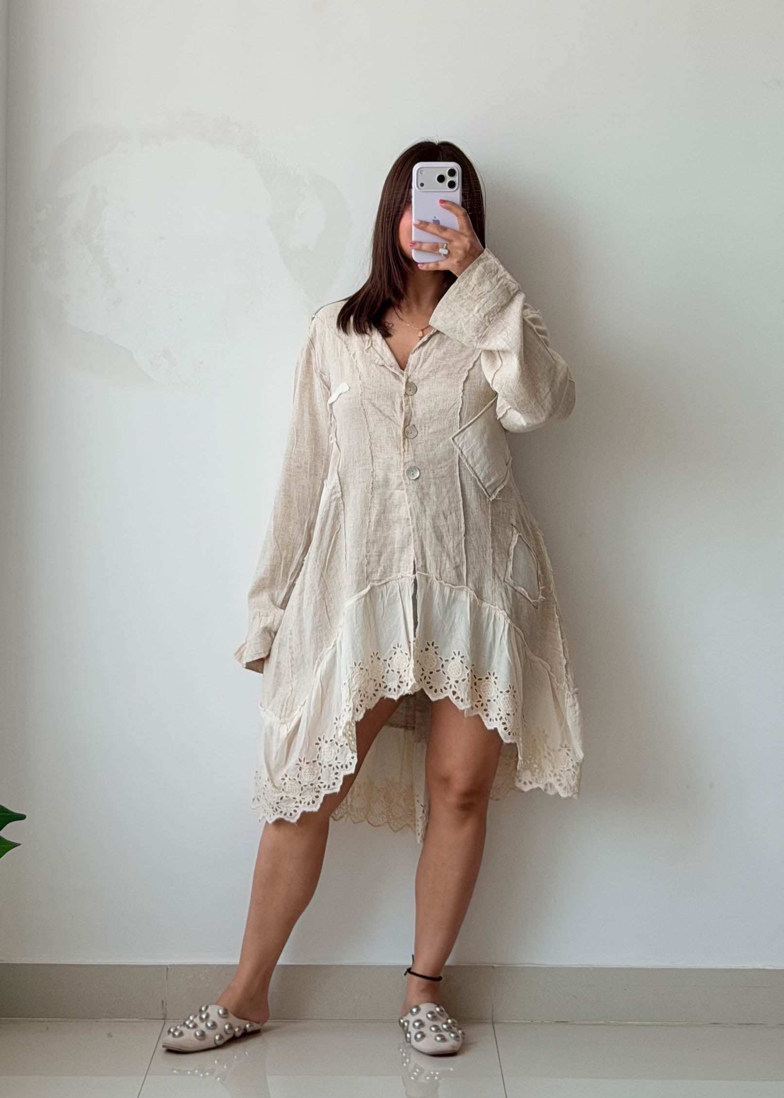 Size M-L Beige Boho Lace Hem Shrug Dress