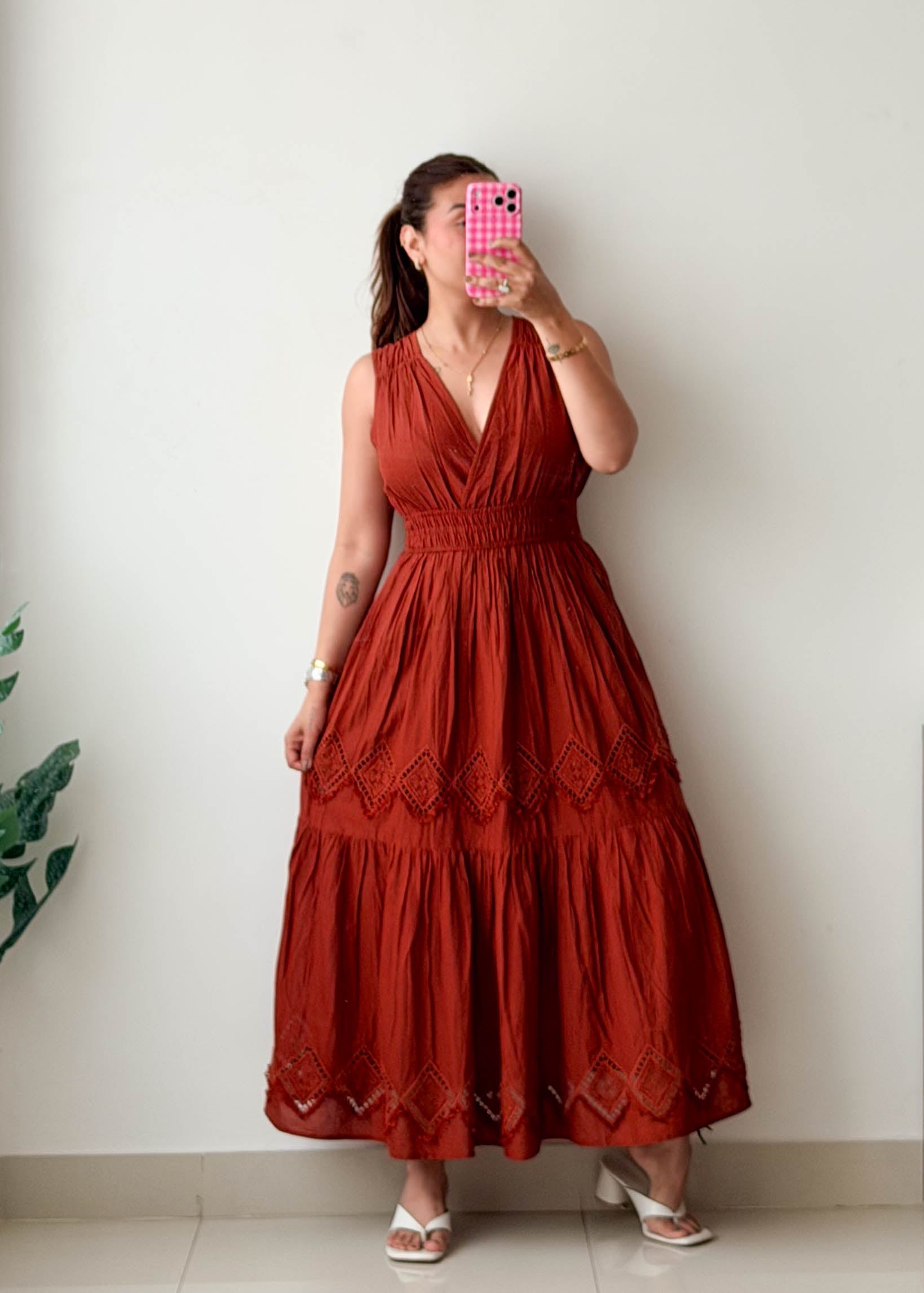Size M-L Rust Embroidered Midi Dress