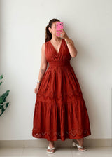 Size M-L Rust Embroidered Midi Dress